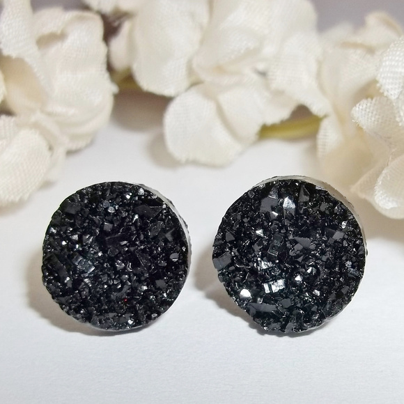 wvluckygirl Jewelry - 12mm Black Earring Druzy Style Dressy Fashion Unisex Style Stud Minimalist 3840